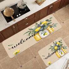 Modern Kitchen Mat With Lemon Flower Pattern | Soft And Comfortable Lightweight Polyester Fleece, Suitable For Bedroom, Living Room, Dining Area, Bathroom, Laundry Room, Doorway, And Kitchen Deco - Multicolor - View 3