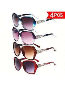 This Four-Piece Women's Eyeglasses Set Features A Classic, Elegant, And Retro Oversized Frame Design, Making It Ideal For Summer Sun Protection And Stylish Styling. The Temples Feature A Unique Openwork Design. Suitable For Everyday Wear, Shopping, Photography, And Pairing With Various Outfits. - 彩色 - 查看 4