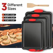 Senmeo 3-Pcs Carbon Steel Non-Stick Baking Sheets - Rectangular Grilling Trays, Oven Accessories, Baking Supplies, Durable - màu đen - Xem 2