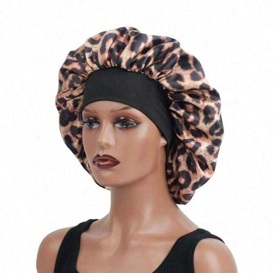 1 pieza Gorro de satén liso para dormir, gorro de dormir con estampado de leopardo - Amarillo - Ver 1