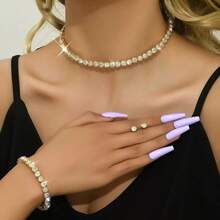 3件套经典珠宝水钻项链、手链、耳环和颈链套装，大号水钻爪链项链配饰 - 金色 - 查看 1