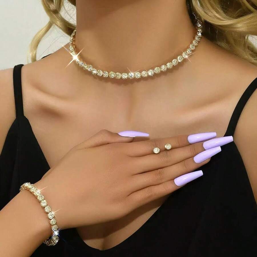 3件套经典珠宝水钻项链、手链、耳环和颈链套装，大号水钻爪链项链配饰 - 金色 - 查看 1