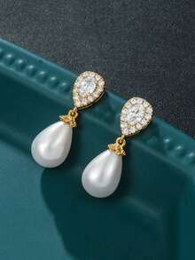 一对 - 优雅铜锆石仿珍珠水滴形吊坠耳环，高端珠宝耳环，适合作为礼物或自用 - 金黃色 - 查看 4