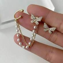 Bộ 1 đôi bông tai hình bướm đính đá lấp lánh, kiểu dáng bất đối xứng, đính ngọc trai giả, thích hợp cho các buổi hẹn hò, tiệc tùng, mang vẻ đẹp thần tiên, lý tưởng cho Ngày Valentine, mùa hè, và các dịp trang sức khác. - Nhiều màu - Xem 4