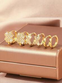 6pcs Luxury Copper Inlaid Zirconia Clover & Geometric Hollow Earring Set, 18K Gold Plated Shiny Geometric Earrings For Women, Party Gift - Gold - View 5