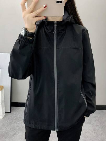 女士纯色长袖拉链连帽宽松软壳外套