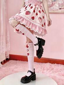 1 par de calcetines con estampado de lazo rosa y fresa, estilo Lolita dulce y adorable - Multicolor - Ver 2