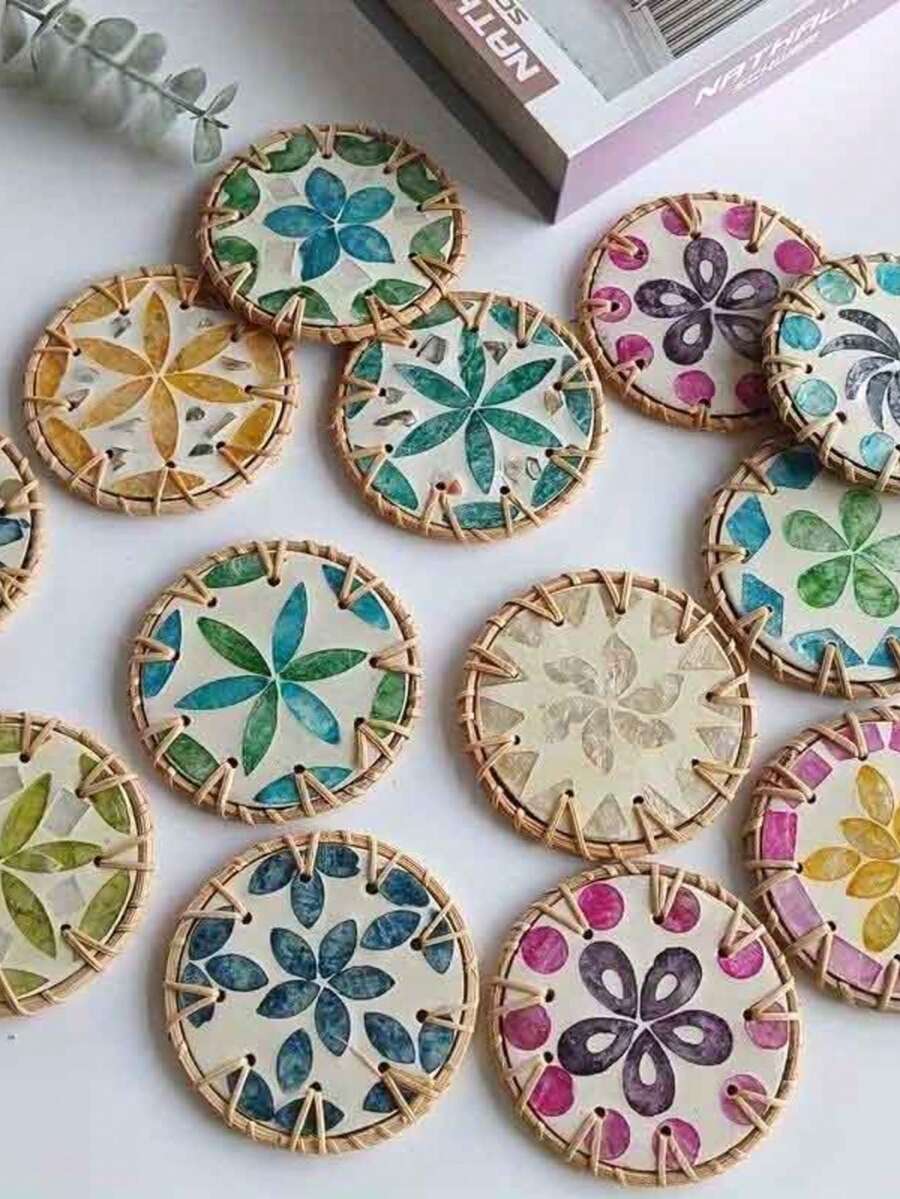 Colorful Woven Ceramic Coasters - Handmade Seashell Heat-Insulating Pads, Round Household Table Tea Sets Pads, Heat-Resistant Bowl Pads, Dining Pads - TOP Recommended - View 1