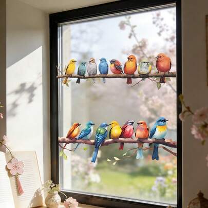 1片彩色小鸟栖息在树枝上 - 春季窗贴，可重复使用的PVC静电吸附，适用于客厅、花园窗户、餐厅装饰、家居装饰艺术膜。