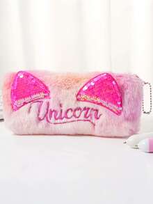 1pc Cartoon Cat Ear Sequin Ombre Large Capacity Zipper Pencil Case, Cute Creative Simple Plush Pencil Bag For Girls, Kitty Pencil Pouch, Adorable High-Quality Storage Bag, Soft Touch Pencil Case, Creative Stationery Organizer, Gift Plush Pencil Bag - Multicolor - View 6