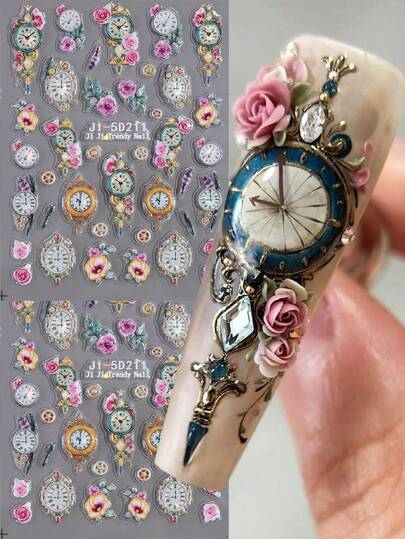5D Embossed New Year Shiny Golden Glitter Clock Nail Art Stickers -Laser Flowers, Clock Rose, Floral Leaves PetalDesign Self-Adhesive Nail Art Decals ForWomen'S Festive Celebrations NailDecoration, Festive Nail Art| Floral Nail