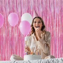 2 Pack Glitter Pink Backdrop, 3.28 FT X 7.05 FT Birthday Party Decorations, Laser Pink Fringe Curtains Foil Streamer Tinsel, Pink Curtains Photo Backdrop Happy Birthday Valentines Day Backdrop - 閃亮粉紅色 - 查看 6