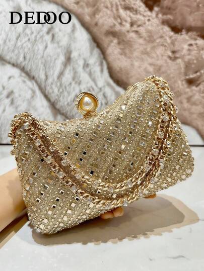 1pc Bag Women's Bag New Luxury Style Solid Color Fashion Gold-Plated Evening Bag Decorated With Rhinestones, With Exquisite Pearl Buckle And Chain Diagonal Backpack Design. Suitable For All Kinds Of Occasions, Including Outing, Traveling, Shopping, Commuting, Gifts And Parties. .