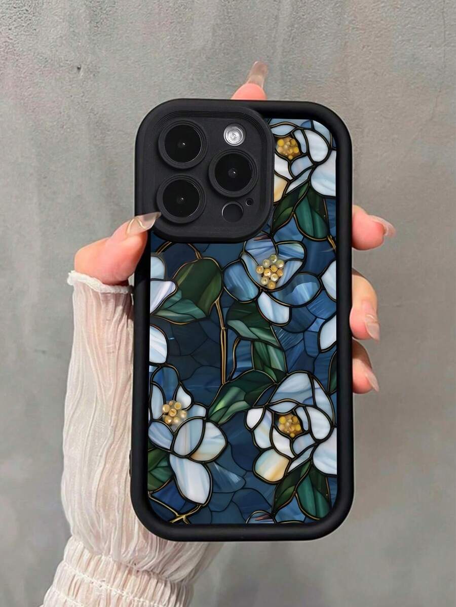 Brighten Up Your Phone With A Glass Art Floral Flower Pattern Simple Thickened Anti-Fall Phone Case Compatible With IPhone 13/11/17/17pro/16/14/15/15pro/15 Plus/15 Promax/7plus/8plus&Compatible With Samsung Galaxy/A54/A14/A12/A13/A15/A32/A33/A24/A52S/S20/S21/S22/S23/S24/S23Plus - Multicolor - View 1