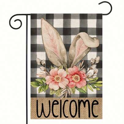 1pc Garden Flag Welcome Easter Garden Flag For Outdoor, Buffalo Plaid Bunny Ears With Flowers Small Yard Flag, Seasonal Decors For Spring Outside Farmhouse Holiday No Flag Pole.