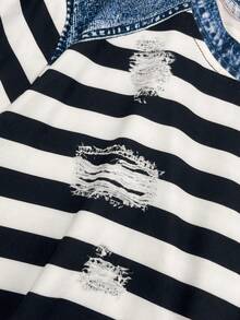 Women's Fashion Loose Casual Contrast Striped Denim Style Short Sleeve Shirt Summer - Multicolor - View 10