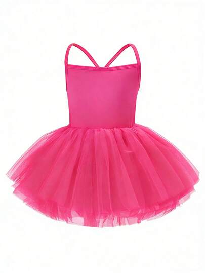 1pc Young Girl Cute Elegant Princess Sweet Academy Ballet Style Breathable Lightweight Tulle Strap Tutu Dress, Suitable For Party, Birthday, Celebration, Holiday, Performance, Banquet, All Seasons