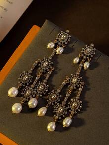 2pcs Vintage French Style Silver Needle Flower Pearl Teardrop Tassel Earrings, Medieval Retro Palace Style Earrings, Lightweight Luxurious Earrings, Women's Daily Party Accessories, Fashion Jewelry, Best Friend Gift - Multicolor - View 14