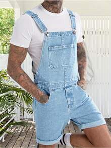 Runcati Mens Denim Shorts Bib Overall Jean Romper Casual Loose Fit Walkshort Button Pockets Summer Jumpersuit - 淺藍色 - 查看 3