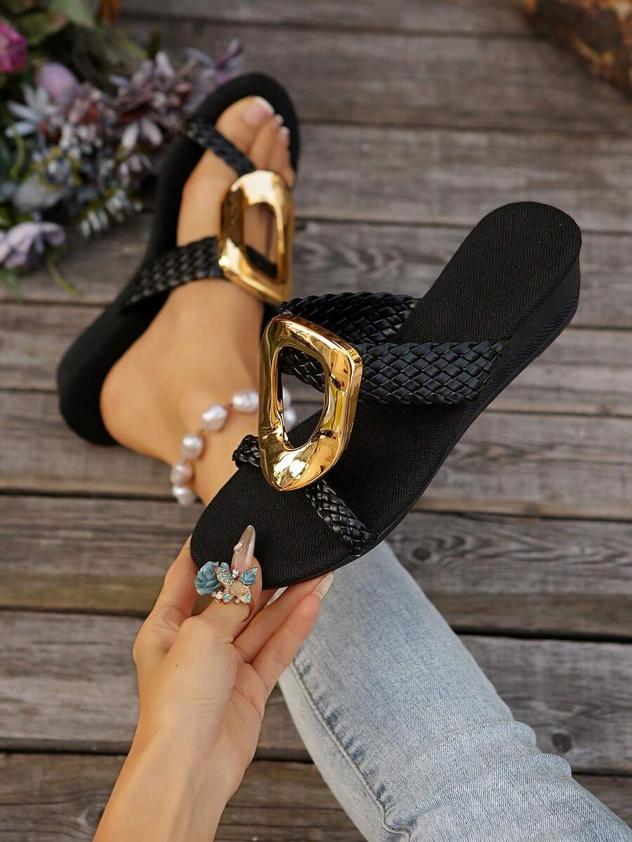 时尚轻便金属扣带凉鞋，新款百搭防滑舒适圆头女士坡跟凉鞋，沙滩度假露趾休闲拖鞋，春夏穿搭 - 黑色 - 查看 1