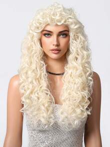 24英寸金色杰瑞卷假发，带刘海，优雅的非洲卷曲合成纤维假发，哑光质感，高密度，适合所有肤色，机械式，长款，欧美风格，高品质，节日必备美妆单品，适合所有人，完美适用于音乐节、日常佩戴、婚礼、万圣节、圣诞节、母亲节、毕业典礼等场合，佩戴舒适 - 金色 - 查看 2