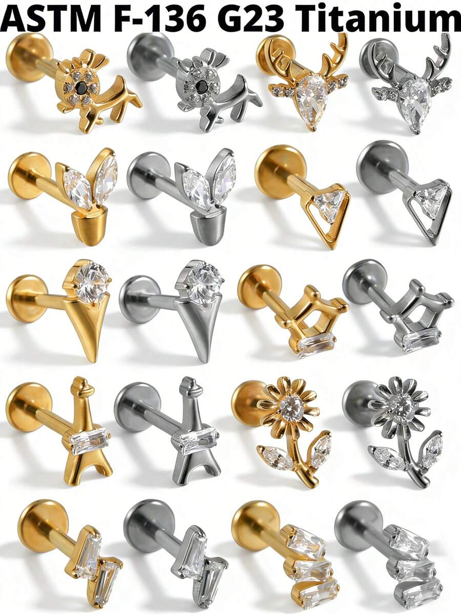 1件装 Cz 小鹿 G23 纯钛耳骨钉 16G 内螺纹锆石花朵耳廓耳屏穿刺饰品 - 如圖 - 查看 1