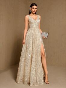 Đầm dạ hội thanh lịch đính sequin cổ chữ A xẻ cao, cổ chữ V dành cho nữ, thích hợp cho các dịp trang trọng như đám cưới, lễ tốt nghiệp, tiệc tùng. - Rượu sâm banh - Xem 5