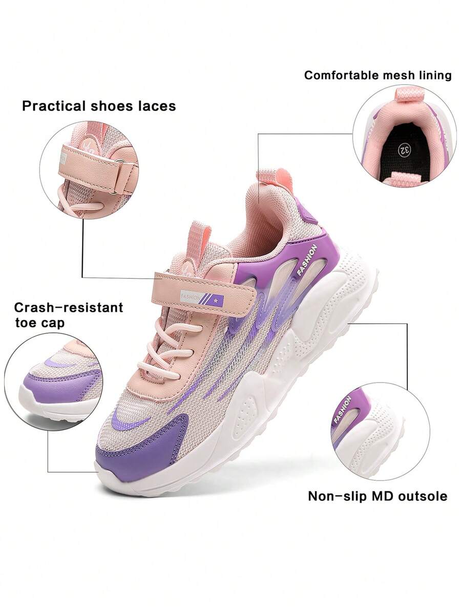 女童透气网面运动鞋，时尚紫色粉色魔术贴跑步鞋，儿童休闲步行鞋，大童休闲鞋 - 粉色 - 查看 1