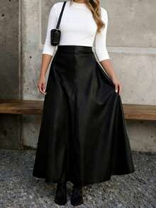 Elegant Plus Size Women's Spring/Summer Sexy Music Festival Versatile Casual Fashion PU A-Line Skirt | Perfect For Valentine's Day, Birthday Party, Office, Date, Holiday Events & Daily Wear - màu đen - Xem 3