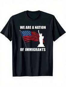 Camiseta clásica para hombres con ajuste patriótico "Somos una nación de inmigrantes" 100% algodón transpirable con patrón de bandera americana y estatua de la libertad, fuente blanca en negrita, cuello redondo, camisa casual adecuada para el Día de la Independencia 4 de julio - Negro - Ver 1