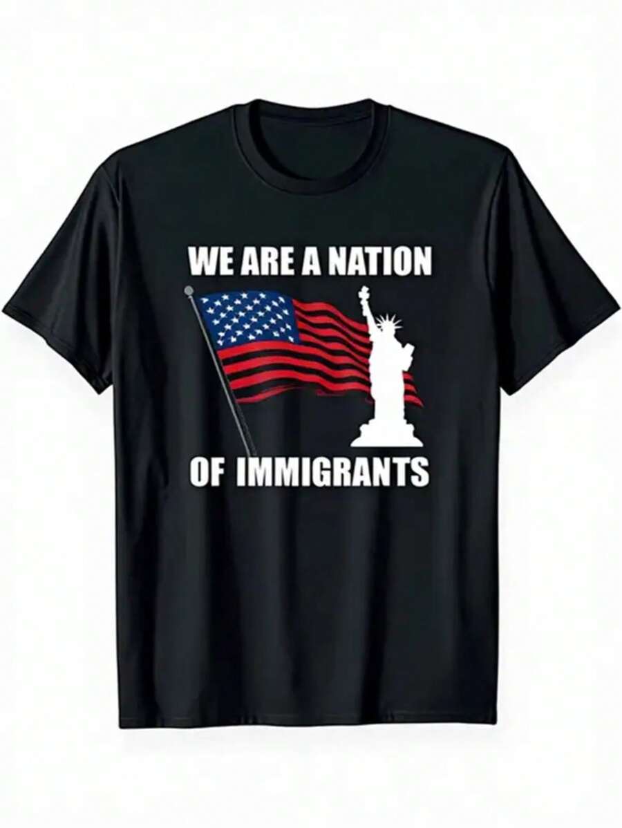 Camiseta clásica para hombres con ajuste patriótico "Somos una nación de inmigrantes" 100% algodón transpirable con patrón de bandera americana y estatua de la libertad, fuente blanca en negrita, cuello redondo, camisa casual adecuada para el Día de la Independencia 4 de julio - Negro - Ver 1