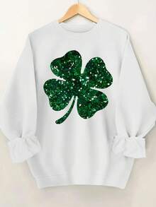 Women's St. Patrick's Day Sweatshirt With Shiny Four-Leaf Clover Print, Round Neck Sweatshirt, Suitable For Daily Casual Wear, Combining Fashionable Print And Comfortable Neckline.Loose And Comfortablevalentines Sweatshirts - 杏色 - 查看 9