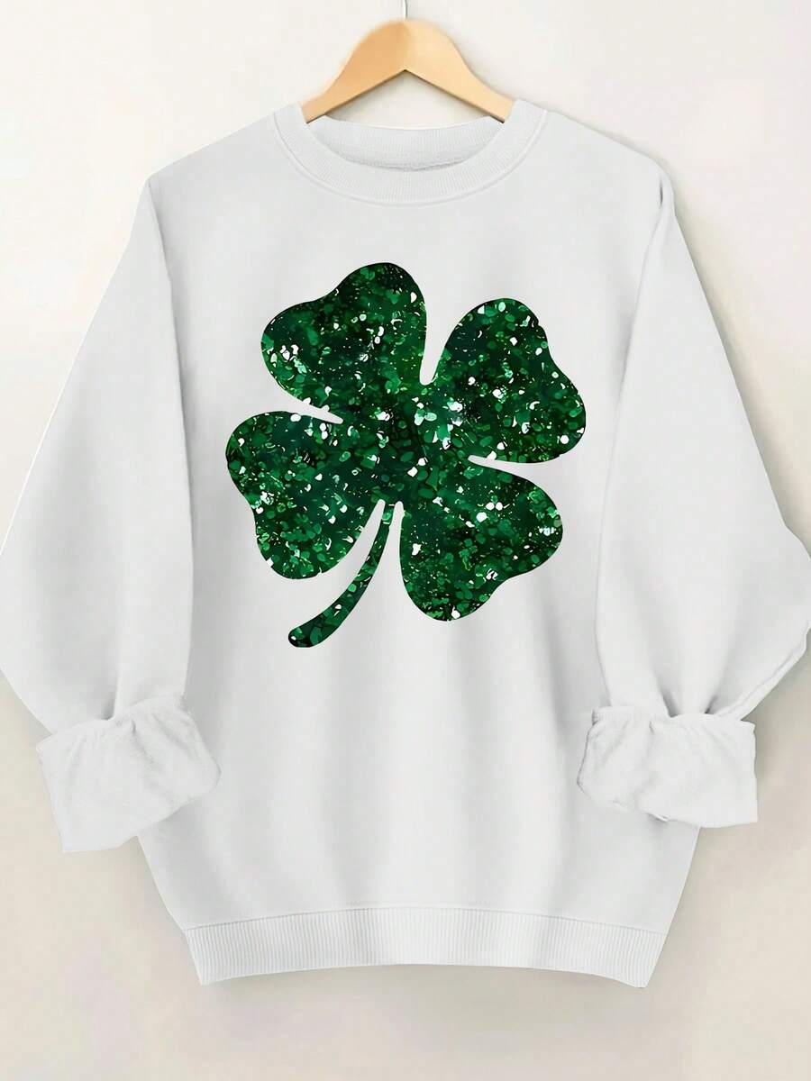 Women's St. Patrick's Day Sweatshirt With Shiny Four-Leaf Clover Print, Round Neck Sweatshirt, Suitable For Daily Casual Wear, Combining Fashionable Print And Comfortable Neckline.Loose And Comfortablevalentines Sweatshirts - 白色 - 查看 1