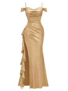 MIUSOL Sequin Floral Lace Off Shoulder Ruffle Trim Split Thigh Satin Evening Party Long Dress, Elegant Women Dress, For Wedding Guest, Graduation, Dinner - 金色 - 查看 7