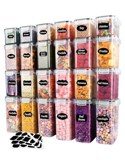 49pcs Kitchen Decor And Accessories,Complete Food Storage Containers With LIDS, Clear Food Jars, Moisture-Proof Sealed Crisper, Suitable For Cereals, Rice, Salt, Pepper, Tea, Nuts And Coffee Beans, Plastic Food Storage Jars, Household Kitchen Items,