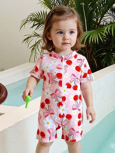 Áo tắm liền thân cho bé gái, áo tắm tay ngắn cho bé gái, áo tắm in hình quả anh đào, nhanh khô, thích hợp cho bãi biển và mùa hè.