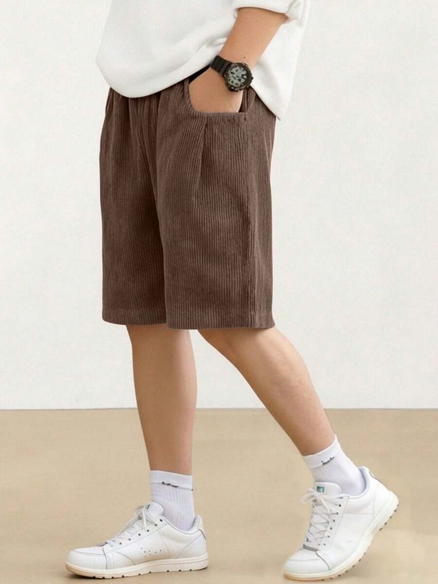 1pc Boys' & Teens' Summer Simple Fashionable Solid Color Corduroy Casual Straight Leg Shorts - Brown - View 1