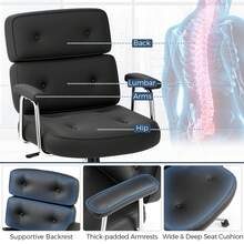 COSTWAY Office Chair, PU Leather Upholstered Desk Chair With Button Tufted Back & Padded Armrests, Height Adjustable Swivel Chair With Rocking Function & Rolling Wheels For Home Office, Black - Black - View 7