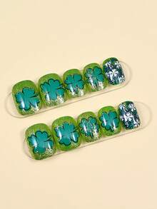 24pcs St. Patrick's Day Green Clover Press On Nails Short, Nail Glittter, Art Perfect For Everyday Wear - Multicolor - View 3
