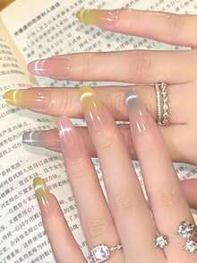 10Pcs Macaron Gradient Press On Nails, Stiletto Fake Nails, Iridescent Glitter, Sweet Fresh Style, Perfect For Daily Casual & Brunch Looks, Easy To Apply - Multicolor - View 4