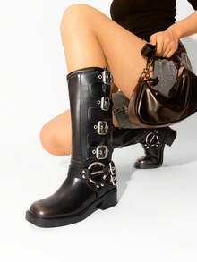 Women's Slip On Knee High Boots Square Toe Chunky Heel Classic Vintage Metallic Buckles Motorcycle Riding Boots - 鏽棕色 - 查看 2