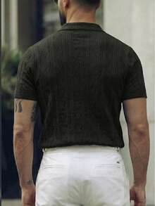 Herr kortärmad pikétröja med geometrisk textur och avslappnad passform, svart - Svart - Visa 2