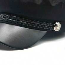 1pc Solid Color Minimalist Newsboy Cap With Leather Strap & Button, Japanese Style Brim Sailor Beret Hat Women, Outdoor - 黑色 - 查看 5