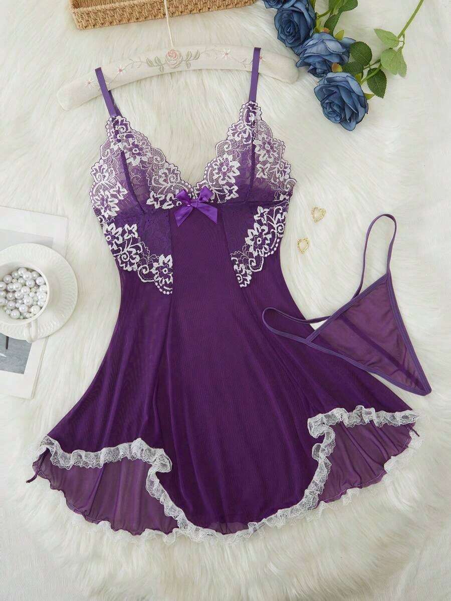 Womens Nightgown Lace Sleepwear Chemise Lingerie Night Gowns Babydoll Sleepshirt JI26 - Purple - View 1