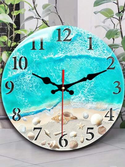 1个10英寸/12英寸木质挂钟，饰有沙滩、海洋、贝壳和海星图案，静音机芯，适用于客厅、卧室、房间装饰、家居装饰、厨房、办公室、母亲节、返校季、春季装饰（不含电池）