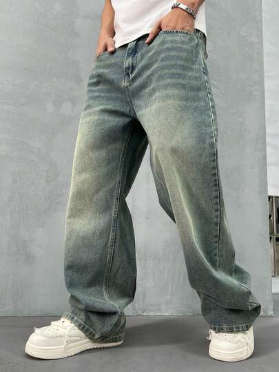 Modcrash 男士口袋阔腿休闲宽松牛仔裤，复古蓝色街头风裤子，适合送给丈夫、男朋友