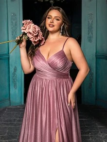 QOQ 优雅气质大码伴娘礼服 时尚正式礼服 适合婚礼、正式活动、婚宴、婚礼派对 莲藕粉色开衩吊带超长连衣裙 - 藕粉色 - 查看 6