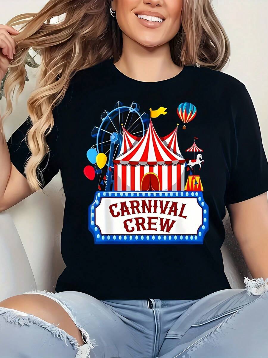 Camiseta de cuello redondo de manga corta para mujer con diseños de carnaval y festivales de cerveza. - Negro - Ver 1