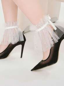 1 Pair Women's Sheer Mesh Socks With Blue & Silver Polka Dots, Layered Ruffles, Pearls & Rhinestones Decor, Elegant & Romantic For Daily, Date, Party, Street Style - Multicolor - View 2