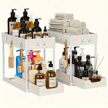 2-Tier Sliding Under Sink Organizer With Hooks, Plastic Cabinet Basket Storage Drawers For Bathroom Kitchen, Space Saver Bottom Shelf, Under Sink Organizers And Storage - 白色 - 查看 4